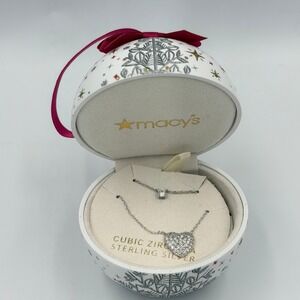 Sterling Silver Cubic Zirconia Necklace Set Holiday Ornament Gift Heart Pendant